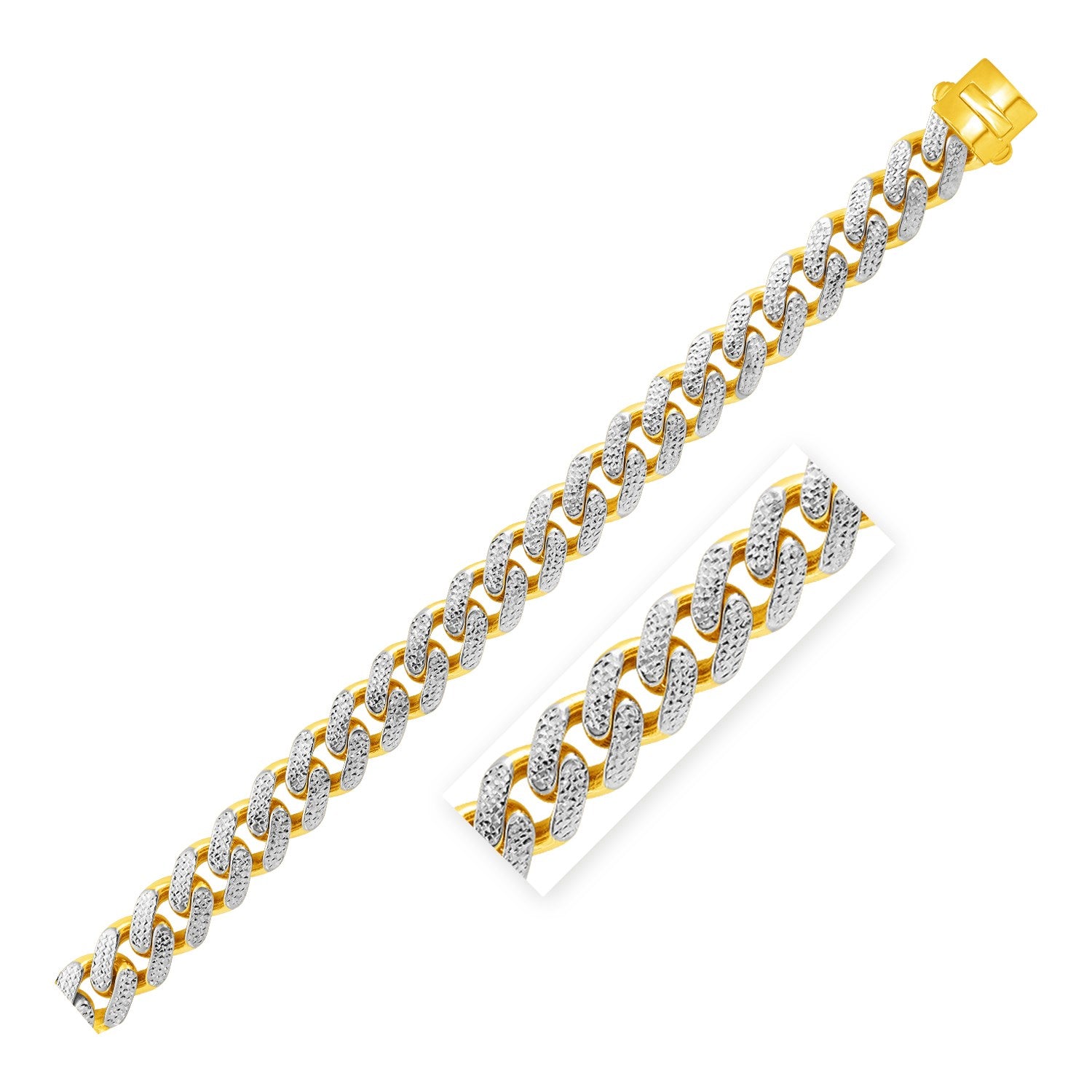 Two Tone Gold 14k 8 1/2 inch White Pave Wide Bracelet Curb Chain Bracelet