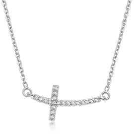 White Gold 14k Curved Cross Diamond Studded Women's Religious Motif Necklace