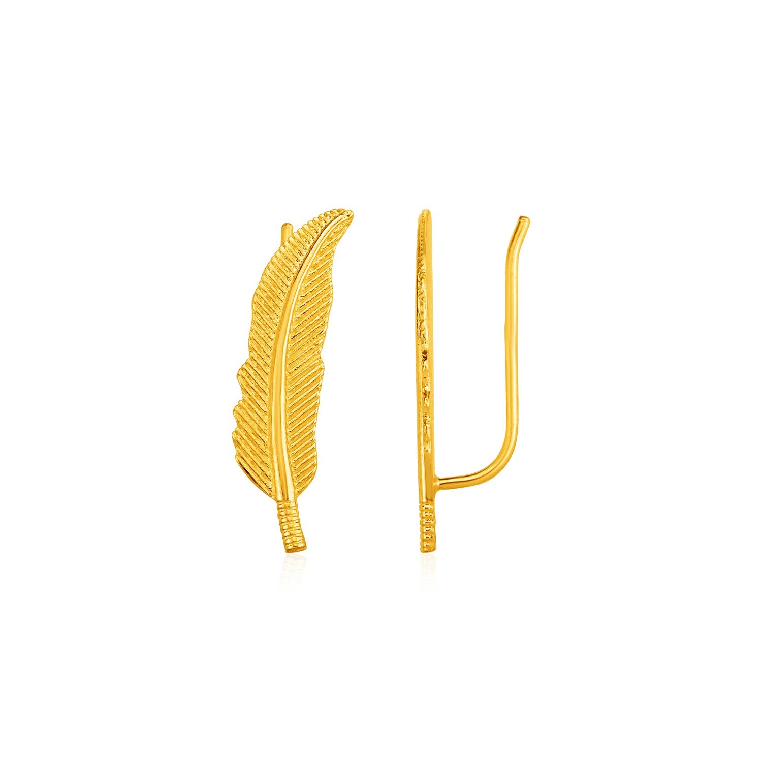 Yellow Gold 14k Feather Climber Texture Earrings
