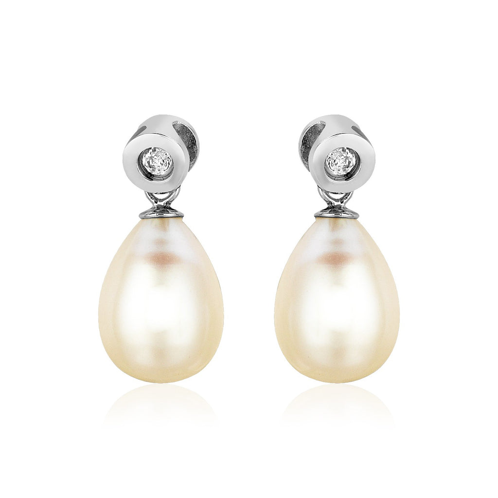 Sterling Silver Earrings with Pear Shaped Freshwater Pearls and Cubic Zirconias