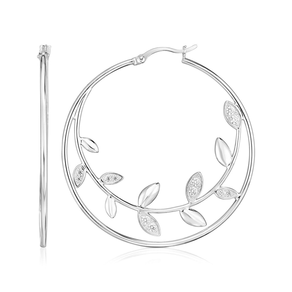 Sterling Silver Hoop Earrings with Textured Vines & Hinged Snap Back