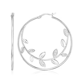 Sterling Silver Hoop Earrings with Textured Vines & Hinged Snap Back