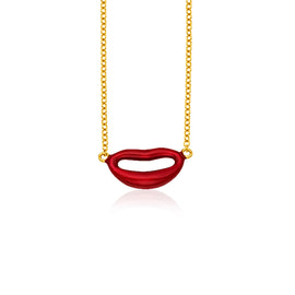 Yellow Gold 14k Women's Emoji Necklace with Enamel Red Lips