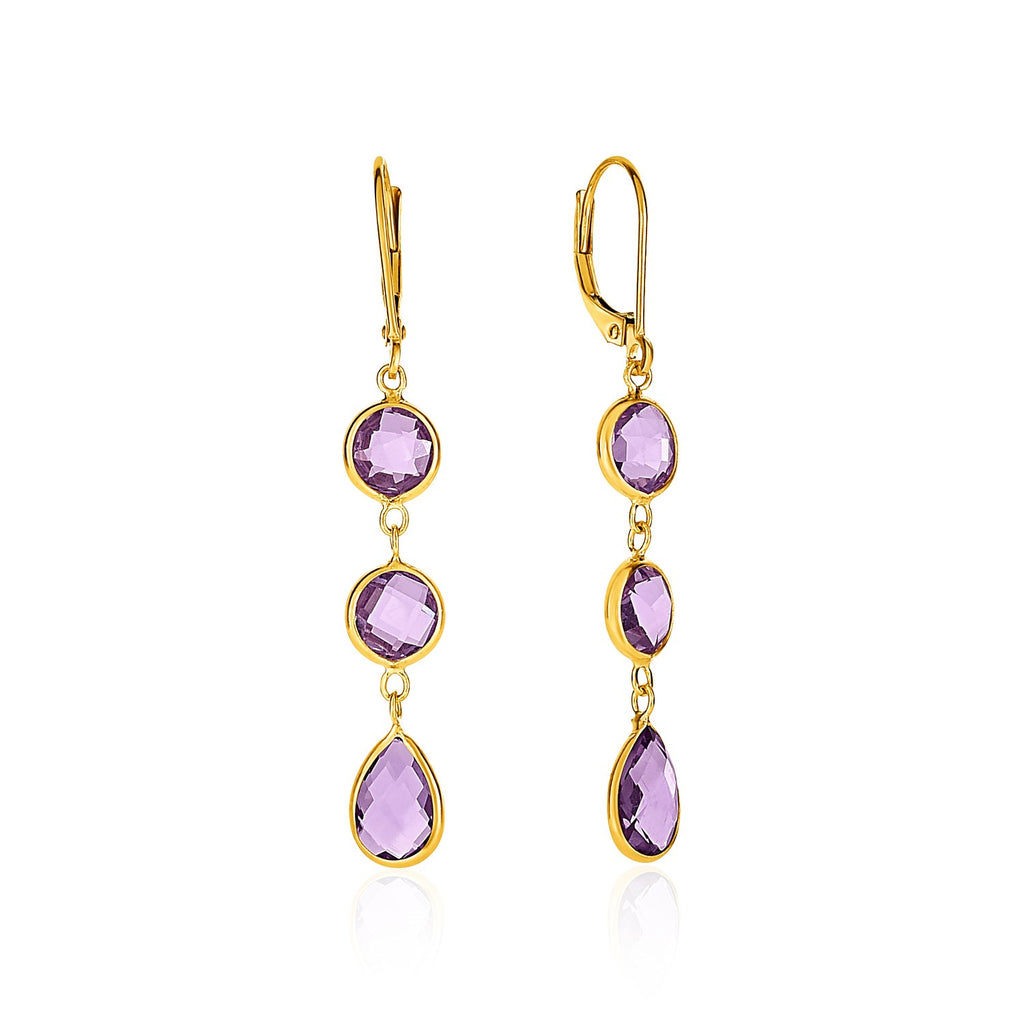Yellow Gold 14k Round and Pear-Shaped Amethysts Drop Earrings