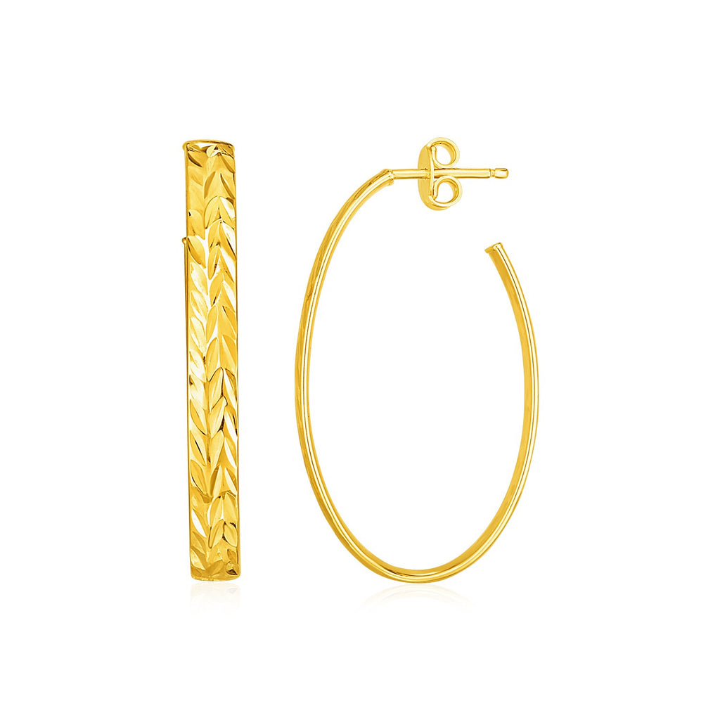 Yellow Gold 14k Long Textured Oval Hoop Earrings in Pushback Clasps