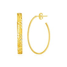 Load image into Gallery viewer, Yellow Gold 14k Long Textured Oval Hoop Earrings in Pushback Clasps