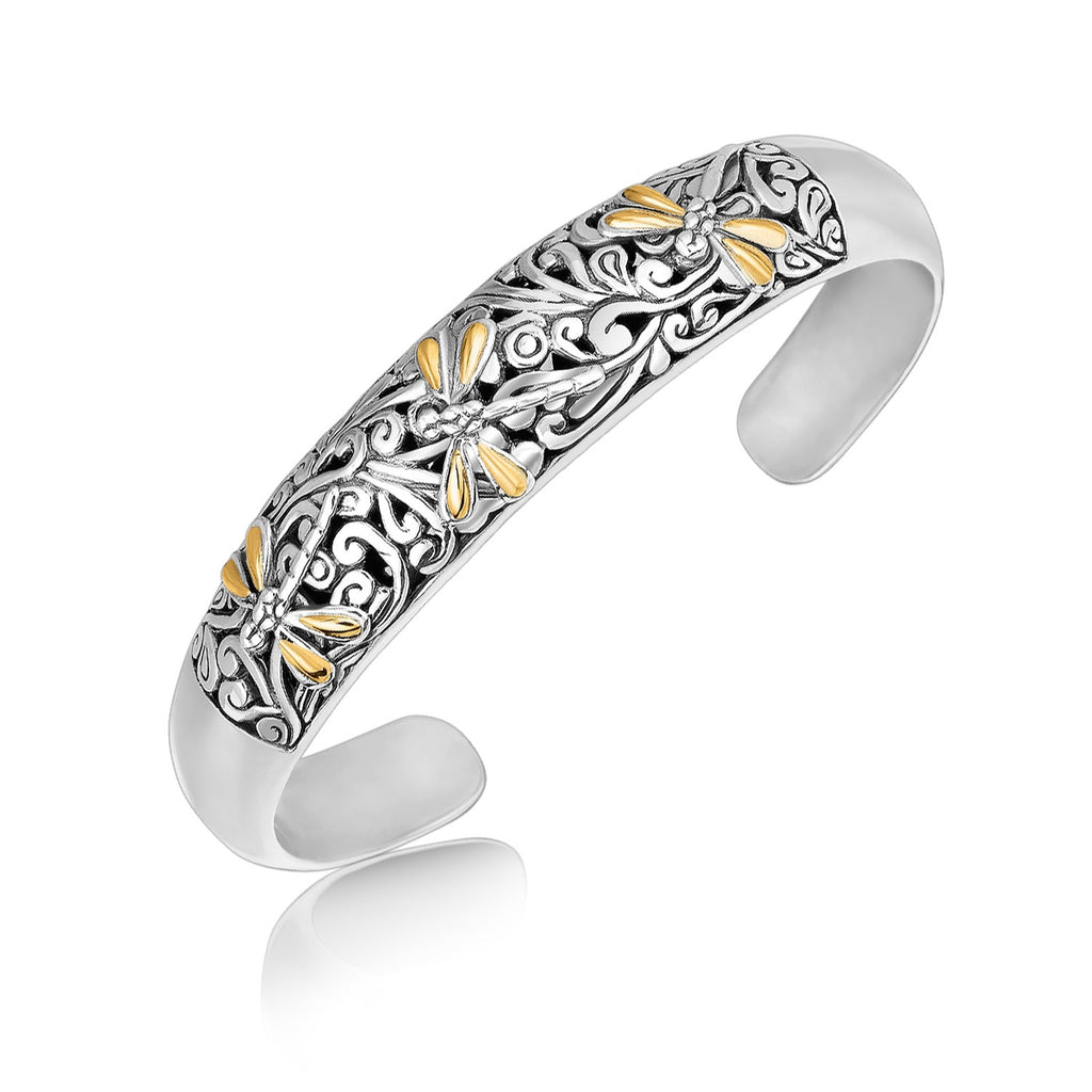 Yellow Gold and Sterling Silver 18k Cuff with Dragonfly and Flourishes