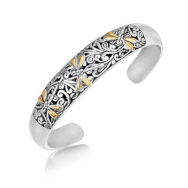 Yellow Gold and Sterling Silver 18k Cuff with Dragonfly and Flourishes