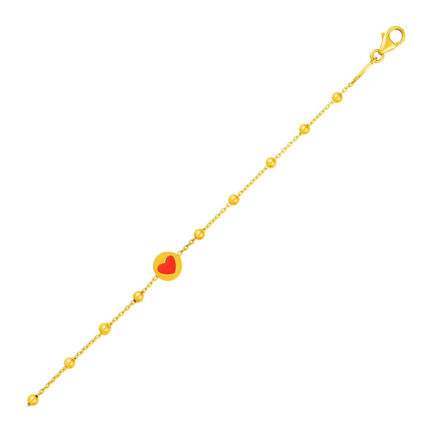 Yellow Gold 14k Childrens Bracelet with Beads and Enameled Heart