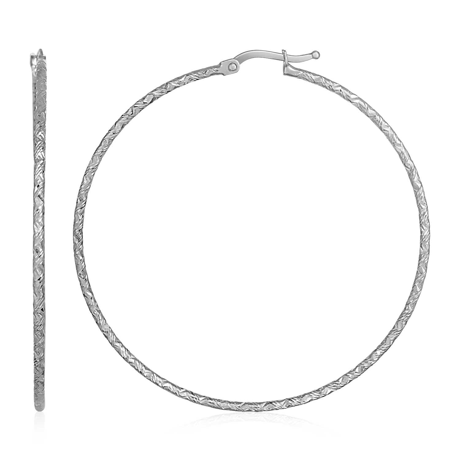 White Gold 14k 50mm Diameter 1.5mm Large Textured Hoop Earrings in Hinged Snap Back