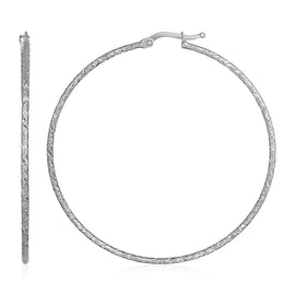 White Gold 14k 50mm Diameter 1.5mm Large Textured Hoop Earrings in Hinged Snap Back