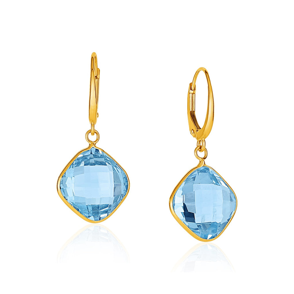 Yellow Gold 14k Drop Earrings with Blue Topaz Cushion Briolettes