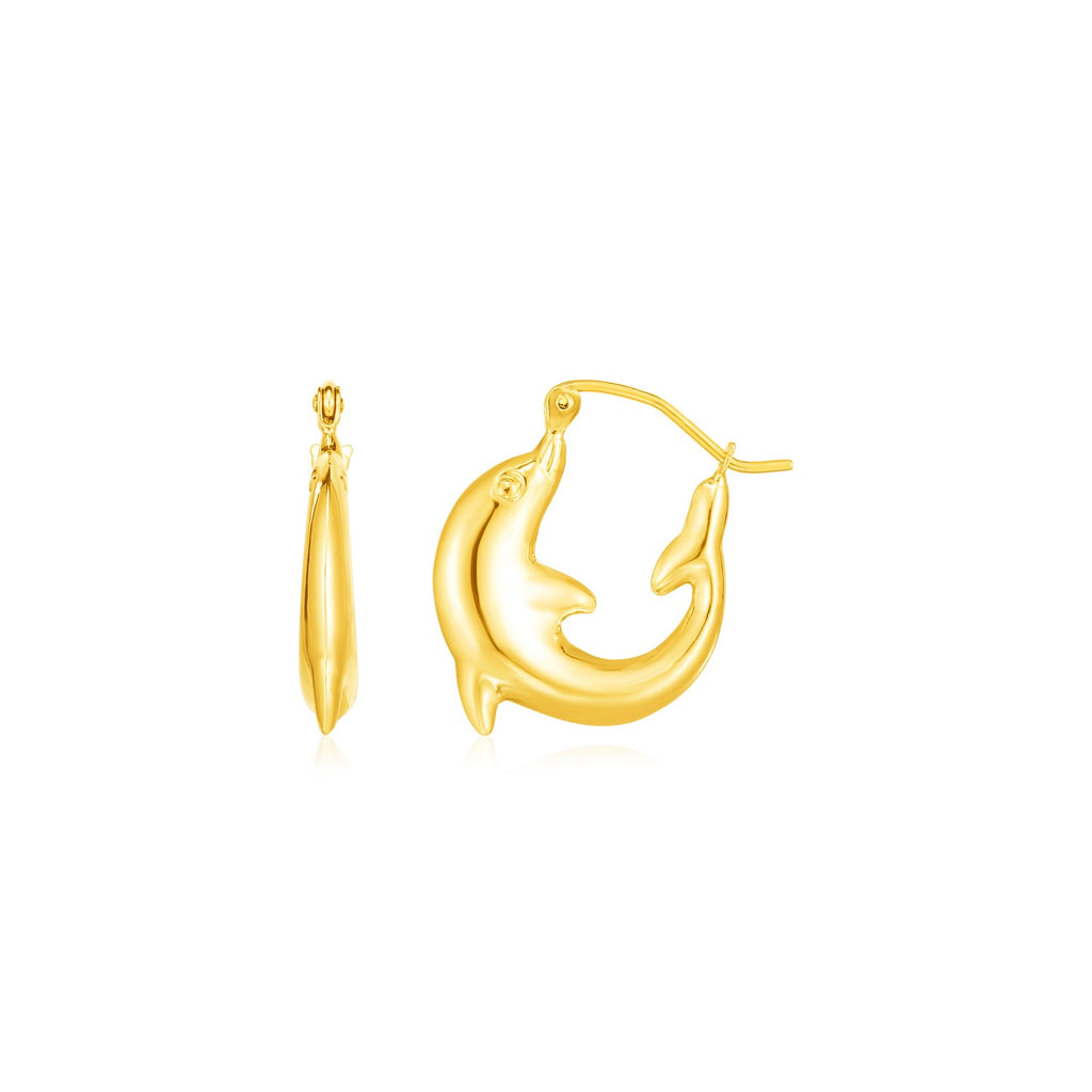 Yellow Gold 14k Dolphin Hoop Earrings in Hinged Snap Back