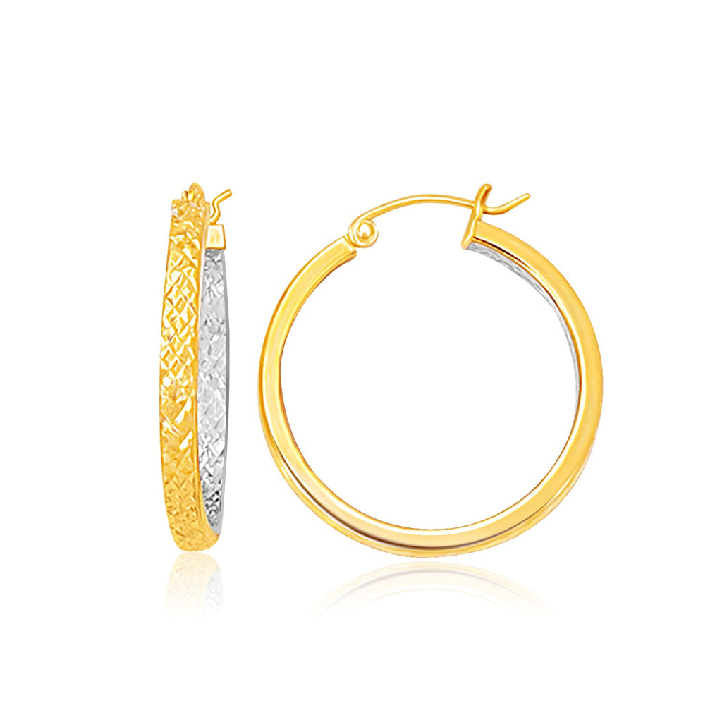 Two-Tone Yellow and White Gold Medium Patterned Hoop Earrings with Snap Lock