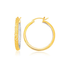 Load image into Gallery viewer, Two-Tone Yellow and White Gold Medium Patterned Hoop Earrings with Snap Lock