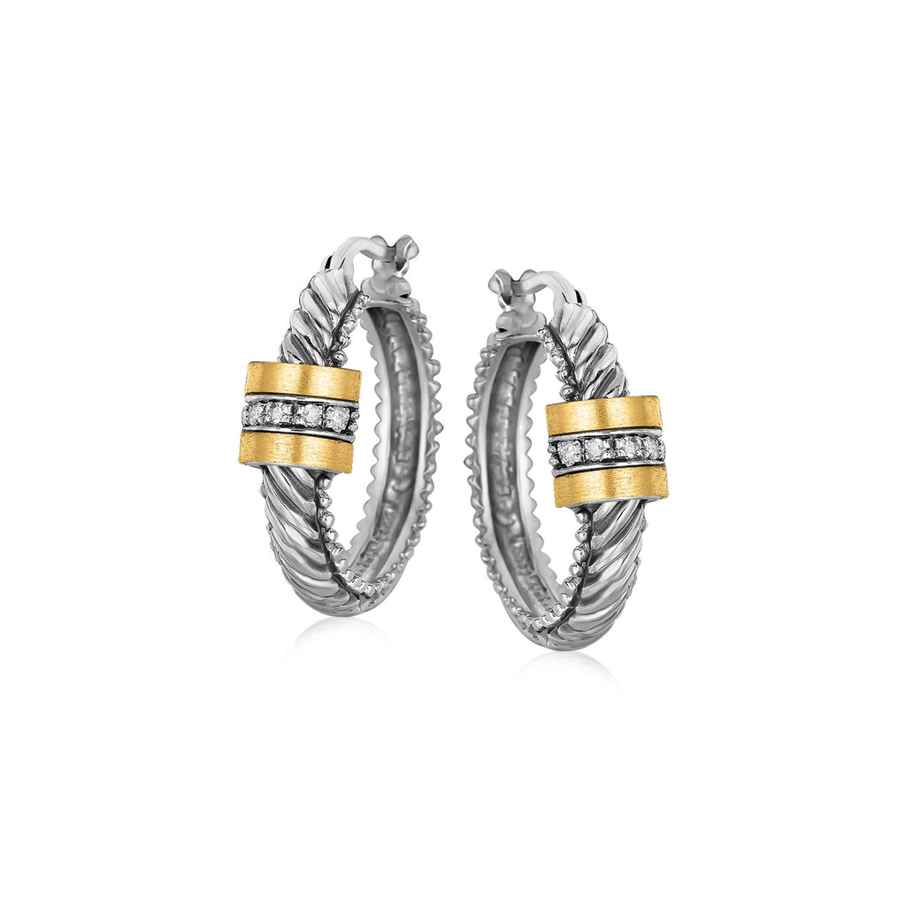 Yellow Gold and Sterling Silver 18k Diamond Italian Cable Style Hoop Earrings