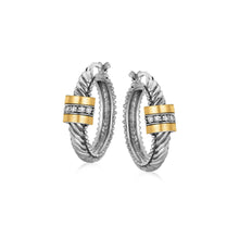 Load image into Gallery viewer, Yellow Gold and Sterling Silver 18k Diamond Italian Cable Style Hoop Earrings