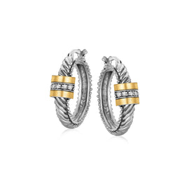 Yellow Gold and Sterling Silver 18k Diamond Italian Cable Style Hoop Earrings