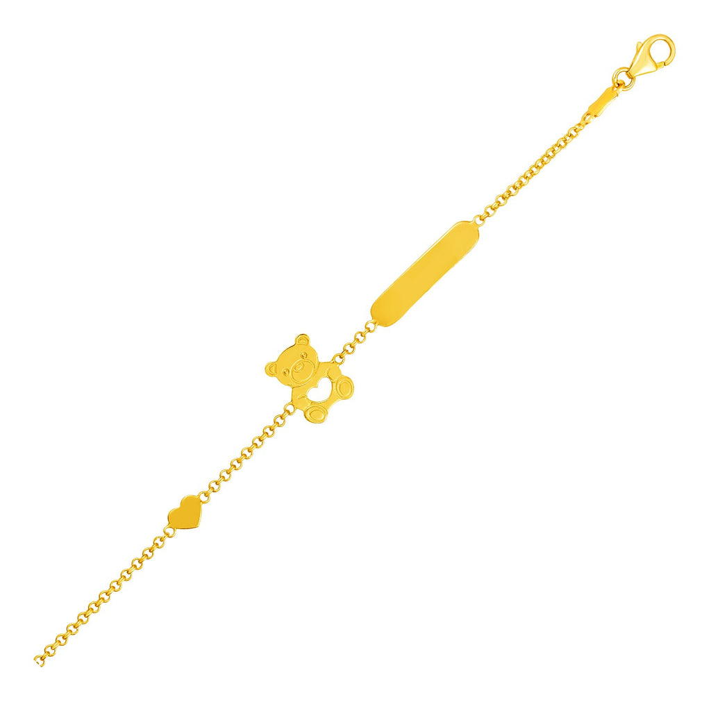 Yellow Gold 14k Childrens Bracelet with Teddy Bear Heart and Bar