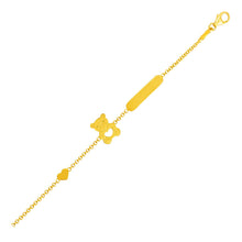 Load image into Gallery viewer, Yellow Gold 14k Childrens Bracelet with Teddy Bear Heart and Bar