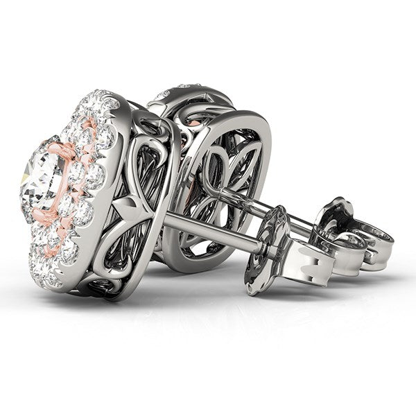 White and Rose Gold 14k Cushion Shape Diamond Halo Earrings