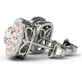White and Rose Gold 14k Cushion Shape Diamond Halo Earrings