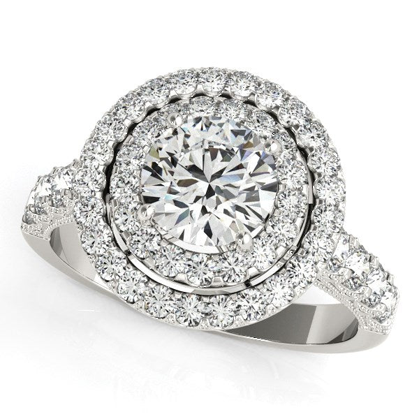White Gold 14k 2 Diamond Engagement Ring with Double Pave Halo