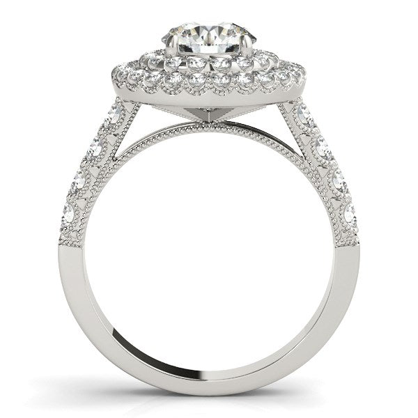 White Gold 14k 2 Diamond Engagement Ring with Double Pave Halo