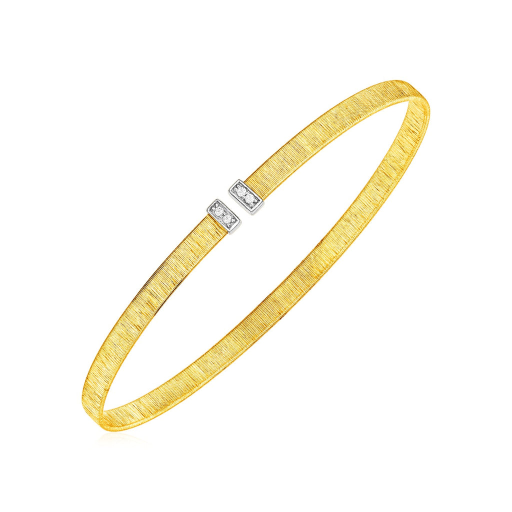 Two Tone Gold 14k Narrow Silk Textured Cuff Bangle with Diamonds