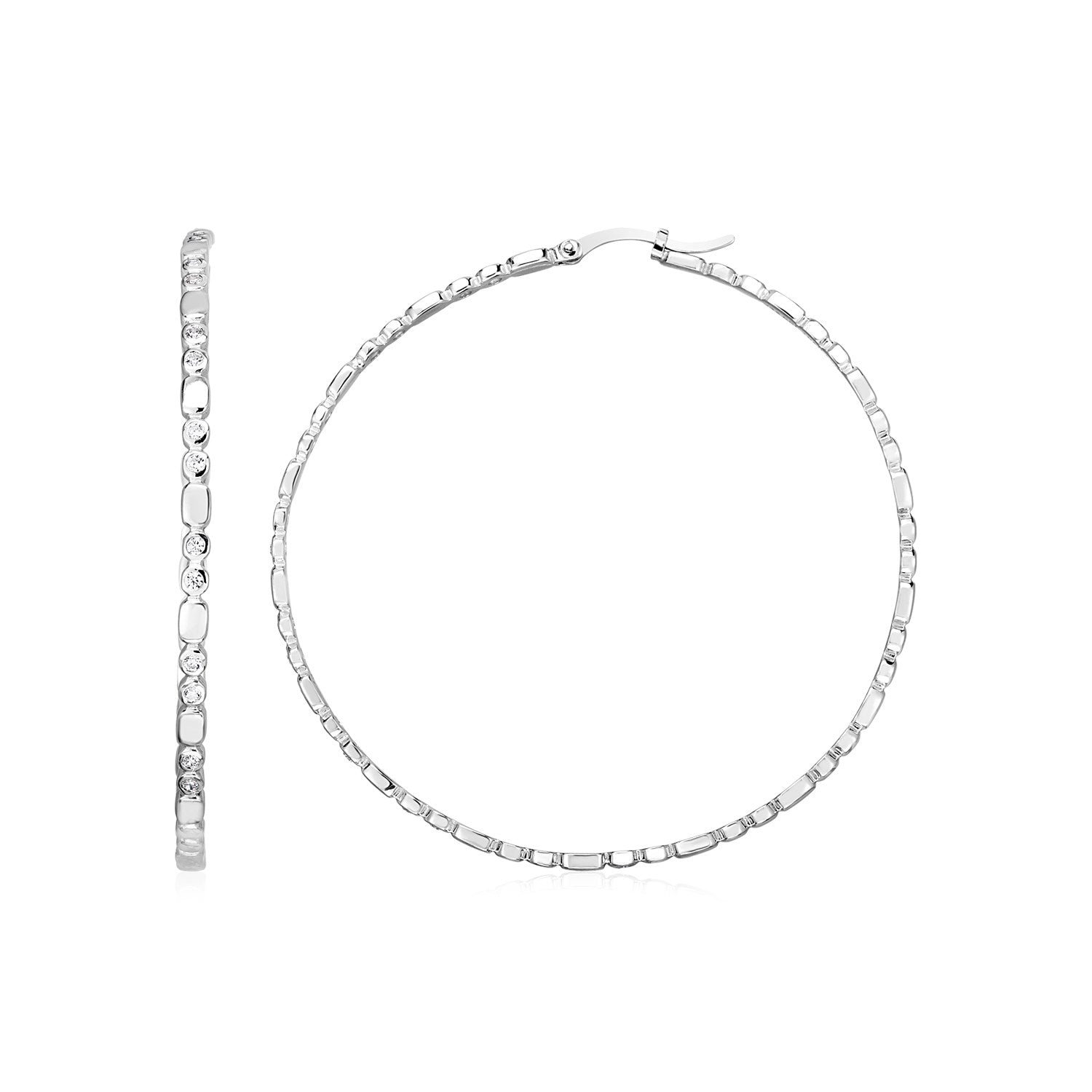 Sterling Silver Hoop Earrings with Cubic Zirconias & Hinged Snap Back