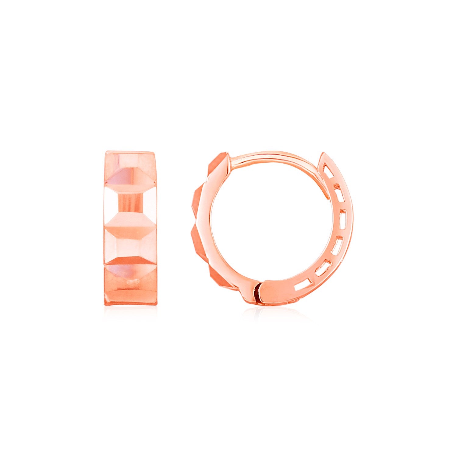 Rose Gold 14k Square Motif Faceted Huggie Hoop Earrings in Hinged Snap Back