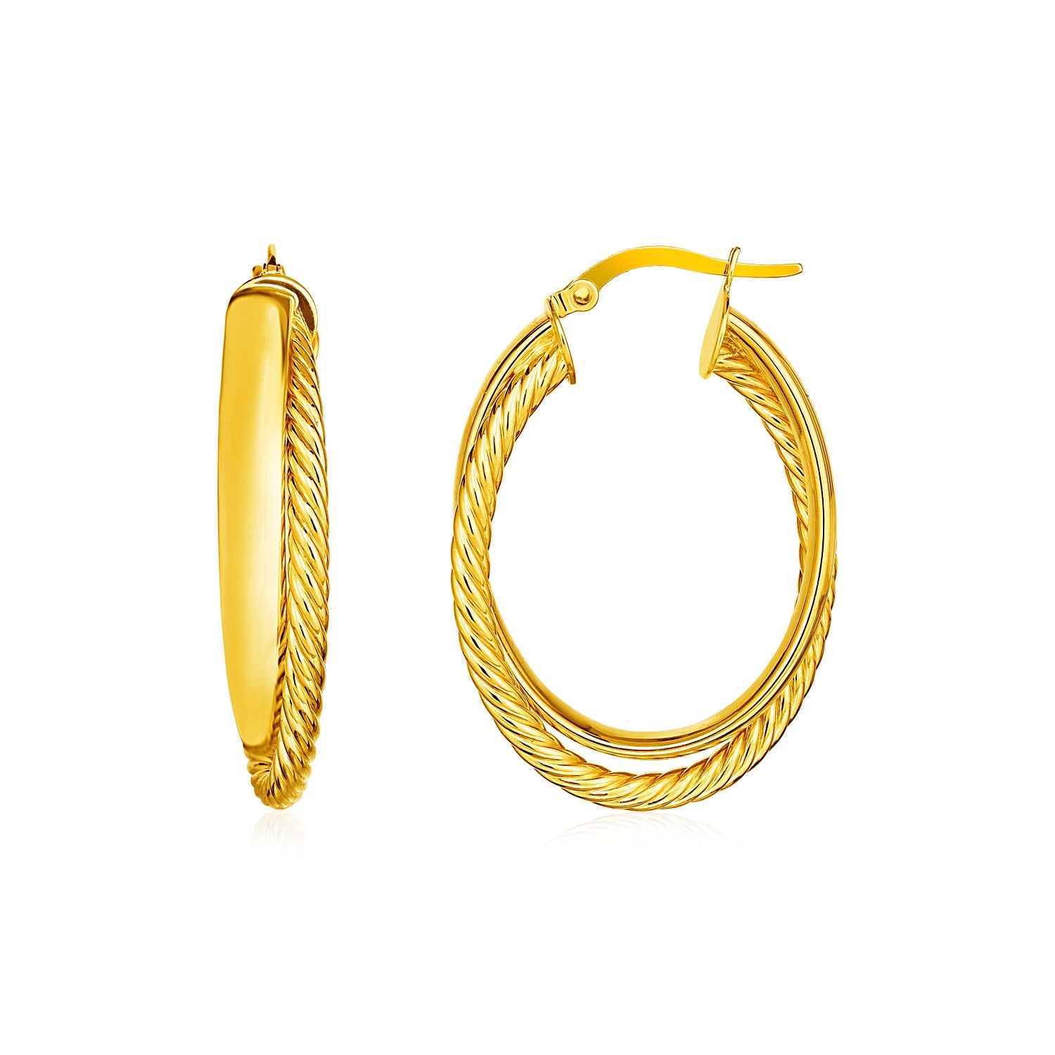Yellow Gold 14k Two Part Textured Twisted Oval Hoop Earrings in Hinged Snap Back