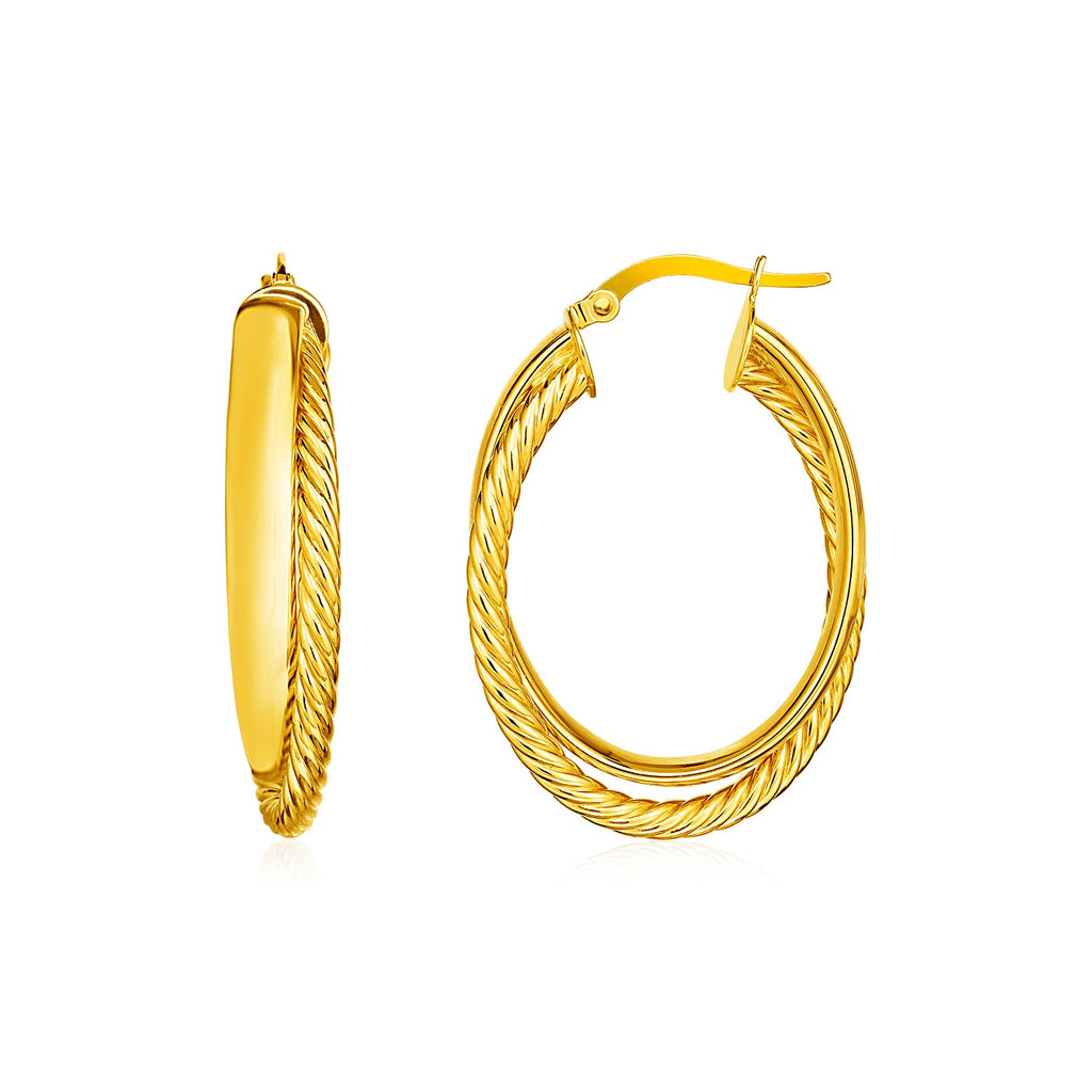 Yellow Gold 14k Two Part Textured Twisted Oval Hoop Earrings in Hinged Snap Back