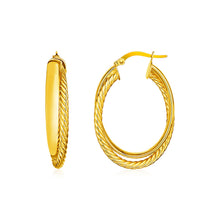 Load image into Gallery viewer, Yellow Gold 14k Two Part Textured Twisted Oval Hoop Earrings in Hinged Snap Back
