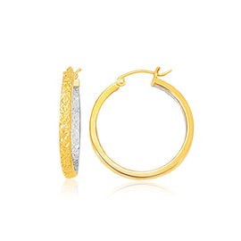 Two-Tone Yellow and White Gold Petite Patterned Hoop Earrings with Snap Lock