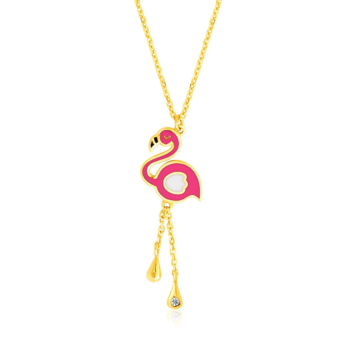 Yellow Gold 14k Fancy Childrens Necklace with Enameled Flamingo Pendant