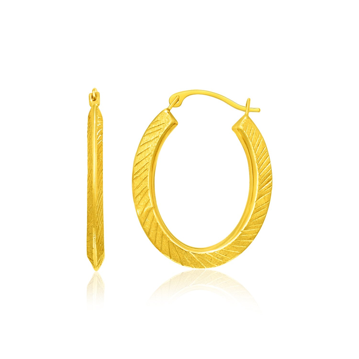 Yellow Gold 14k Oval Line Texture Hoop Earrings with Snap Lock
