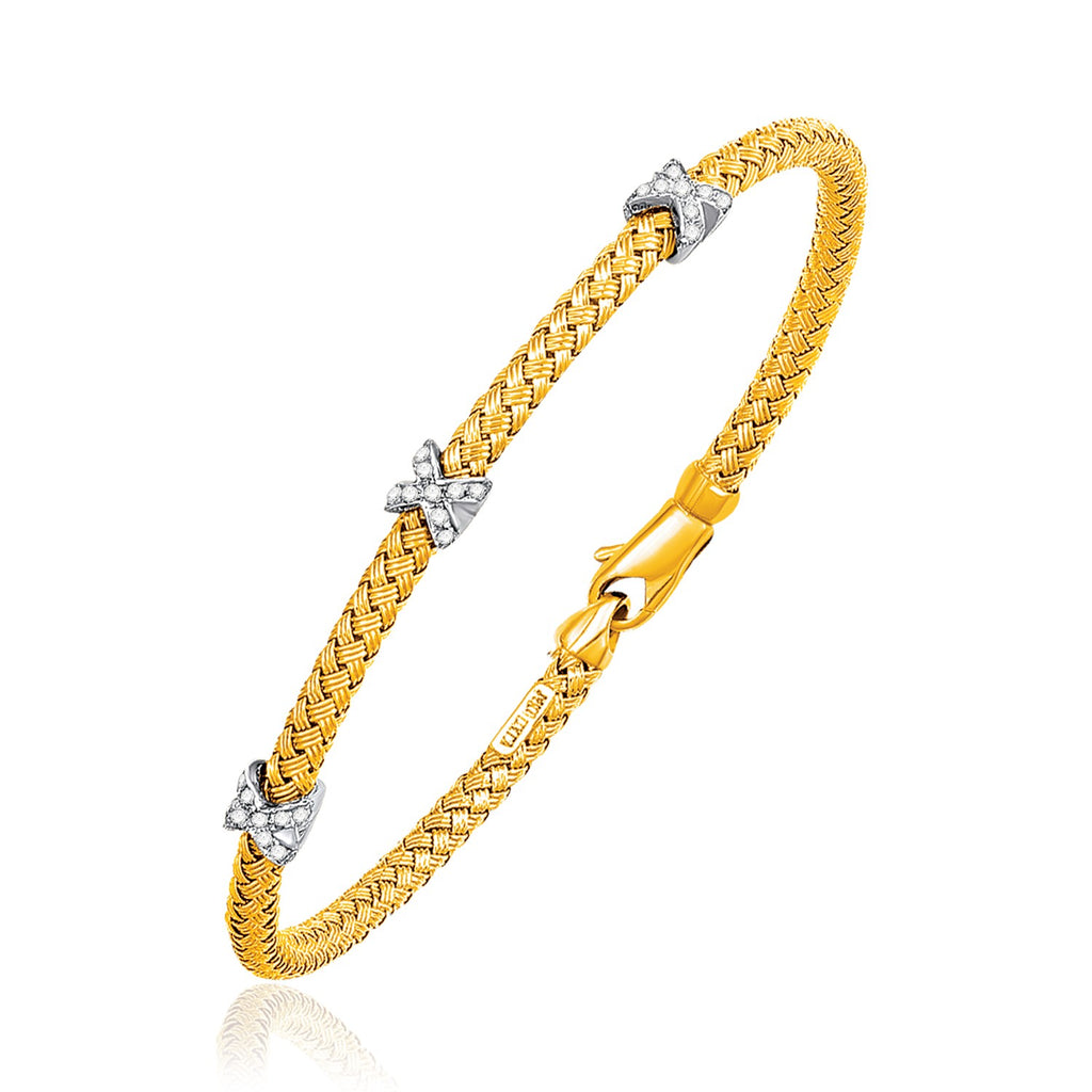 Yellow Gold 14k 4.0mm Basket Weave Bangle with Cross Diamond Accents