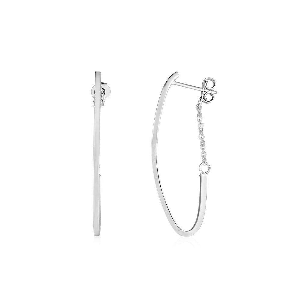 White Gold 14k Oval Hoop Earrings with Chain in Pushback Clasps