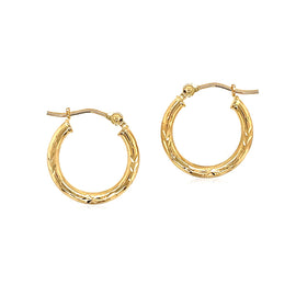 Yellow Gold 14k 15mm Diameter Fancy Diamond Cut Slender Small Hoop Earrings with Snap Lock