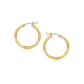 Yellow Gold 14k 15mm Diameter Fancy Diamond Cut Slender Small Hoop Earrings with Snap Lock