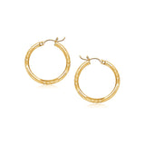 Yellow Gold 14k 15mm Diameter Fancy Diamond Cut Slender Small Hoop Earrings with Snap Lock