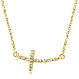 Yellow Gold 14k Diamond Accented Curved Cross Women's Religious Motif Necklace