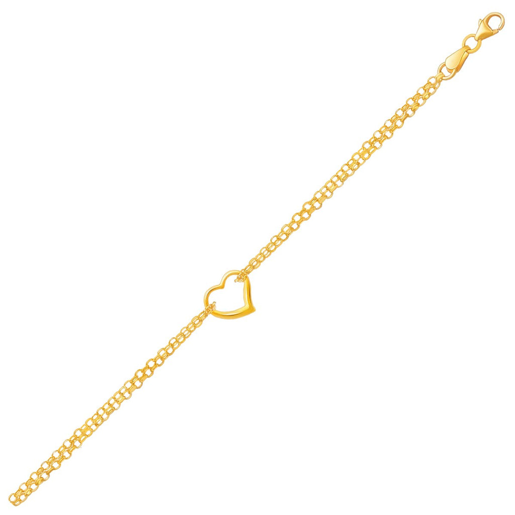 Yellow Gold 14k Double Rolo Chain Anklet with an Open Heart Station
