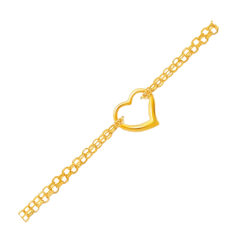 Yellow Gold 14k Double Rolo Chain Anklet with an Open Heart Station
