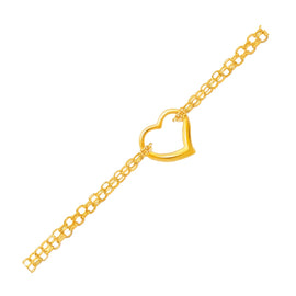 Yellow Gold 14k Double Rolo Chain Anklet with an Open Heart Station