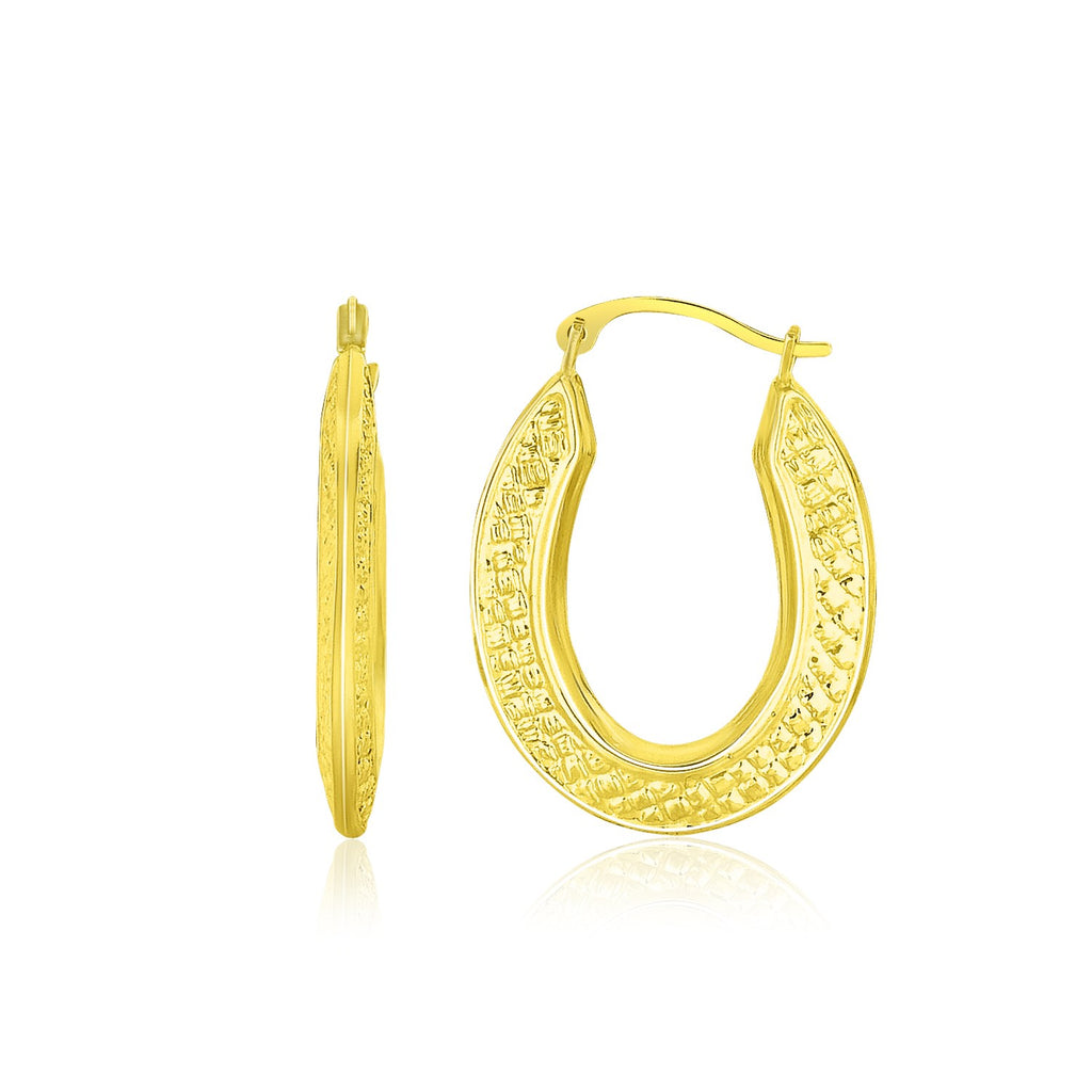 Yellow Gold 10k Woven Texture Oval Shape Hoop Earrings with Snap Lock