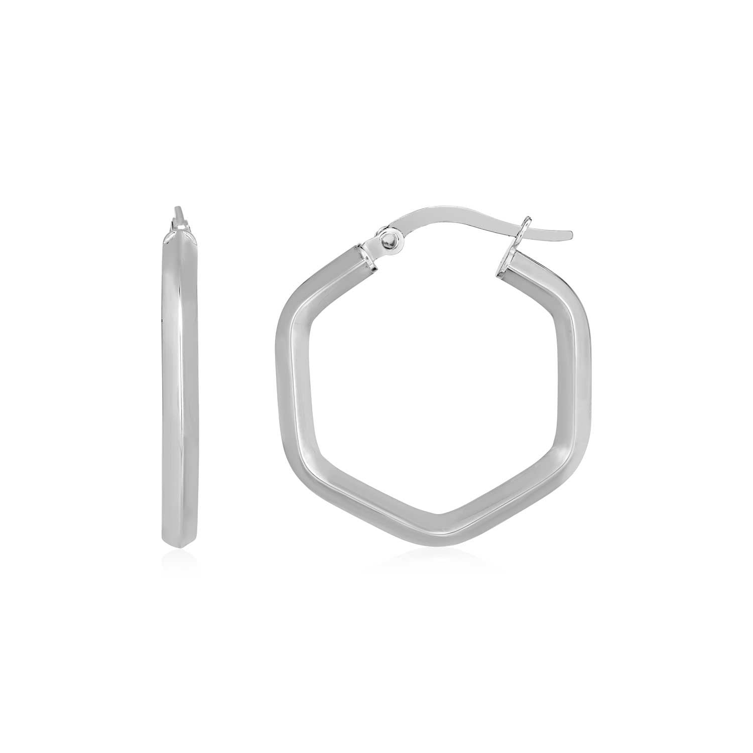 White Gold 14k Shiny Hexagon Hoop Earrings in Hinged Snap Back