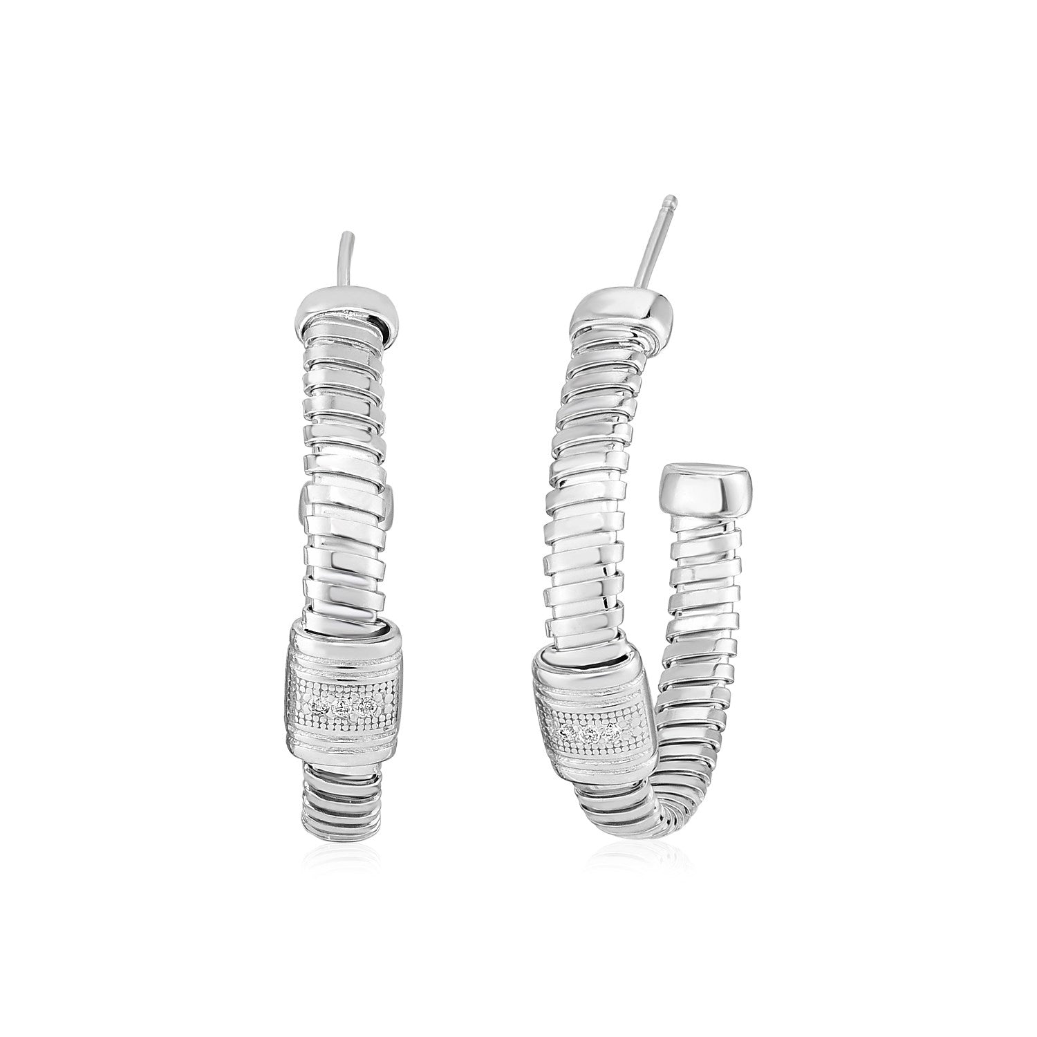 Sterling Silver Serpentine Style Hoop Earrings with Cubic Zirconia in Pushback Clasps