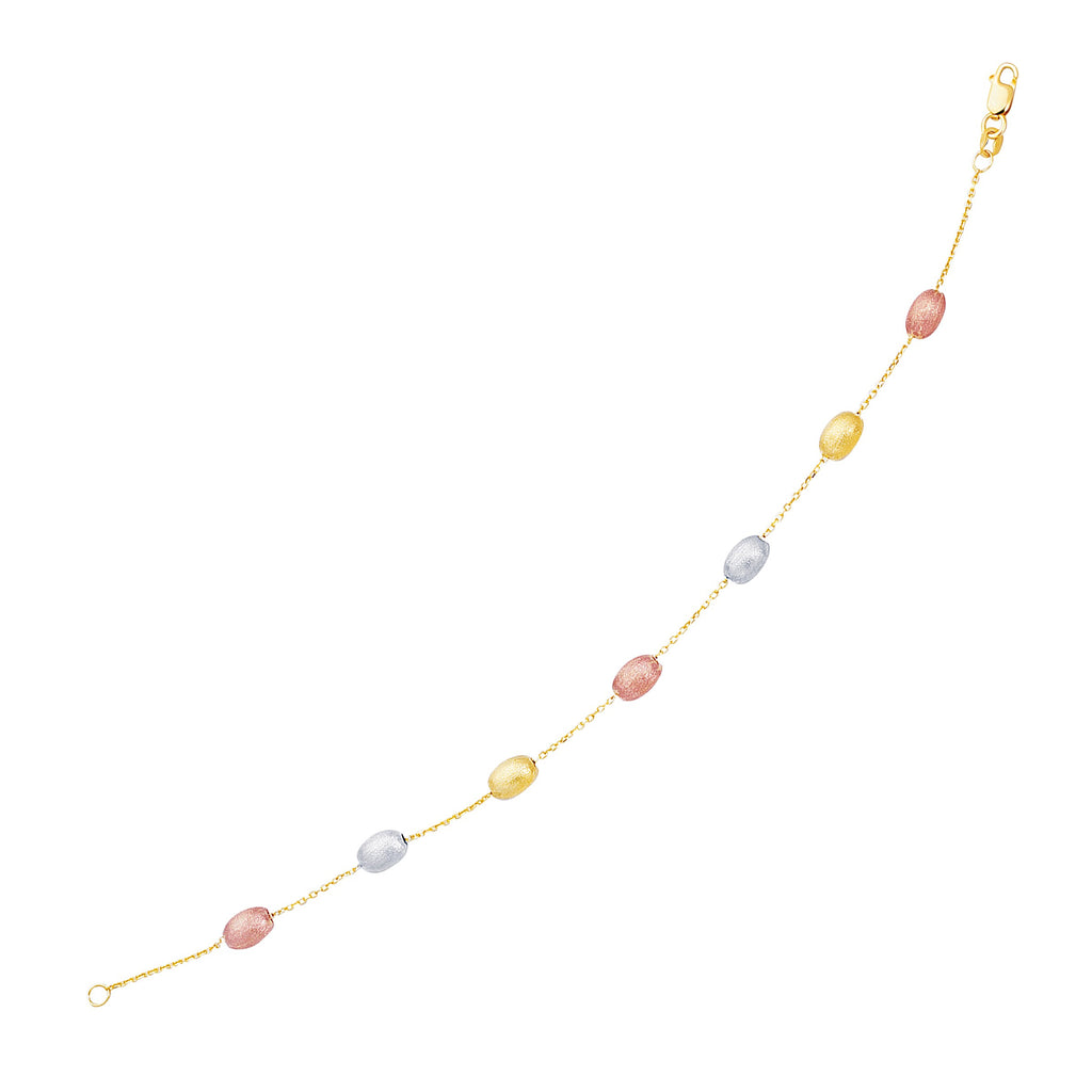 Tri-Color Gold 14k Textured Pebble Stationed Women's Fancy Bracelet